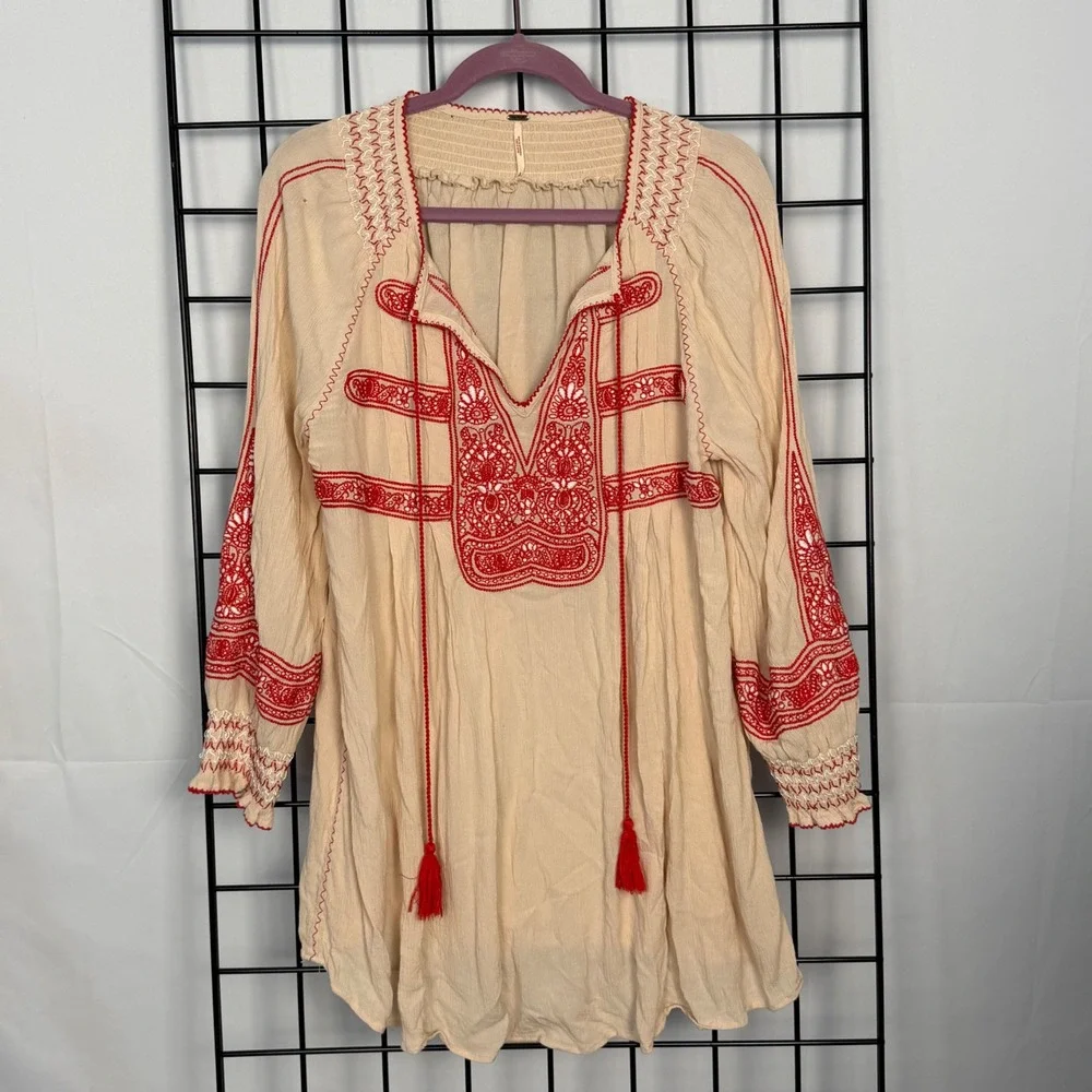 Free People Wind Willow Dress Women Small Beige Red Embroidered Boho Peasant